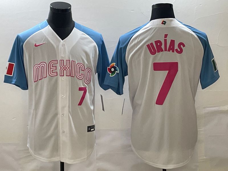 Men 2023 World Cub Mexico 7 Urias White blue Nike MLB Jersey20
